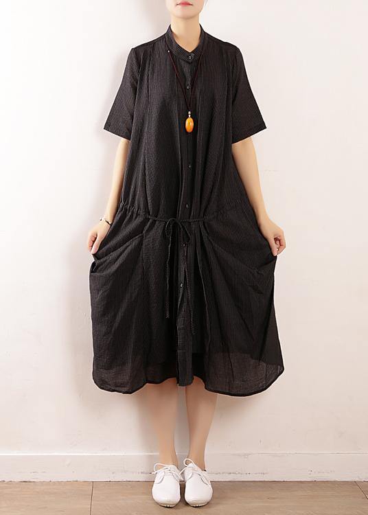 Simple black linen quilting dresses 2019 design stand collar long summer Dresses - SooLinen