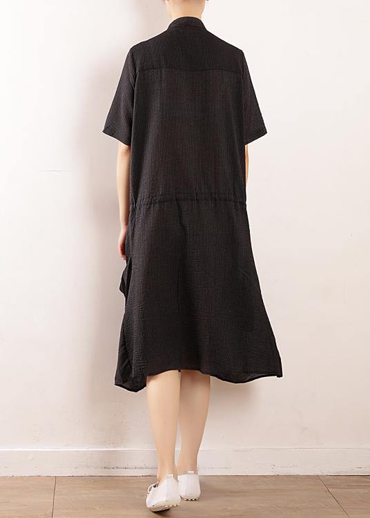 Simple black linen quilting dresses 2019 design stand collar long summer Dresses - SooLinen
