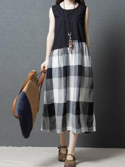 Simple black patchwork Plaid linen Tunic sleeveless Knee Dress - SooLinen