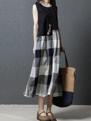 Simple black patchwork Plaid linen Tunic sleeveless Knee Dress - SooLinen