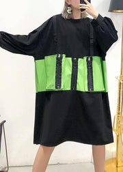 Simple black patchwork green Cotton Tunics o neck zippered Knee Dress - SooLinen