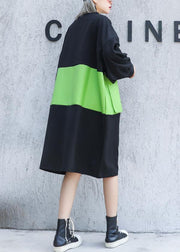 Simple black patchwork green Cotton Tunics o neck zippered Knee Dress - SooLinen