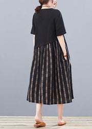 Simple black patchwork plaid cotton clothes o neck Traveling summer Dresses - SooLinen