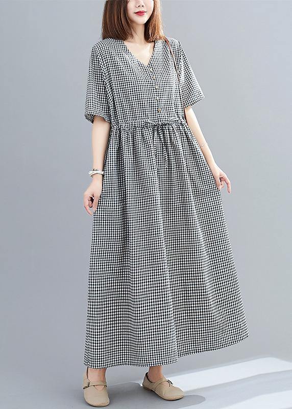 Simple black plaid linen cotton dresses v neck drawstring loose Dresses - SooLinen