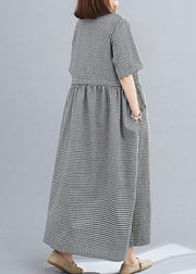 Simple black plaid linen cotton dresses v neck drawstring loose Dresses - SooLinen