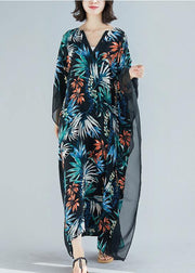 Simple black print chiffon dresses Omychic Fashion Ideas v neck patchwork Traveling Summer Dress - SooLinen