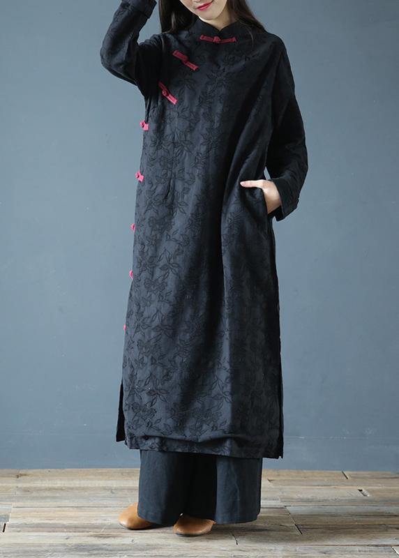 Simple black print clothes Women stand collar Chinese Button Kaftan Dresses - SooLinen