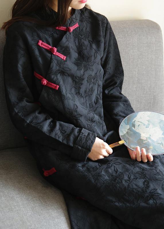 Simple black print clothes Women stand collar Chinese Button Kaftan Dresses - SooLinen