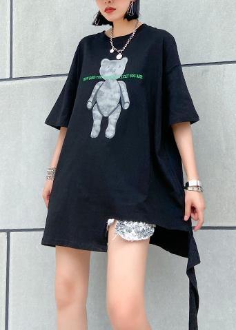 Simple black print cotton clothes o neck Dresses top - SooLinen