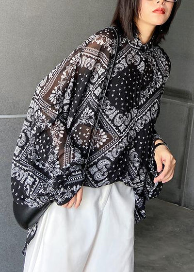 Simple black print tunics for women lapel Button Down Plus Size Clothing tops - SooLinen