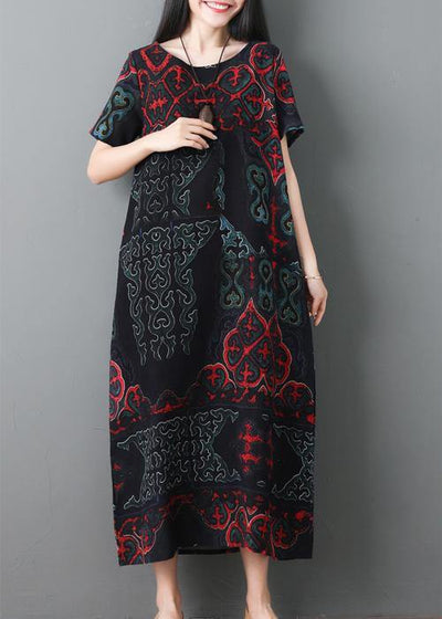 Simple black prints cotton quilting clothes short sleeve Maxi summer Dresses - SooLinen