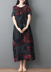 Simple black prints cotton quilting clothes short sleeve Maxi summer Dresses - SooLinen
