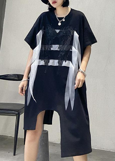 Simple black quilting clothes o neck asymmetric Art summer Dresses - SooLinen