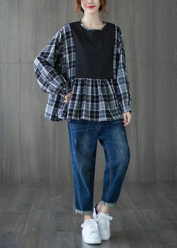 Simple black shirts women o neck patchwork cotton top - SooLinen