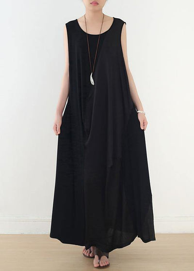 Simple black sleeveless cotton clothes For Women patchwork Maxi summer Dress - SooLinen