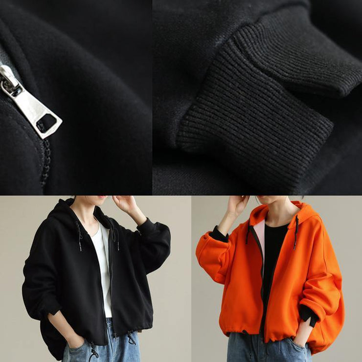 Simple black tunics for women hooded zippered cotton tops - SooLinen