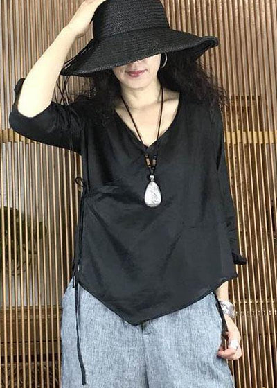 Simple black v neck linen shirts women asymmetric hem Plus Size Clothing fall shirts - SooLinen