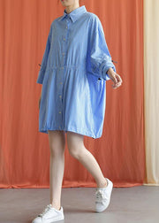Simple blue Cotton dresses drawstring Knee fall Shirt Dresses - SooLinen