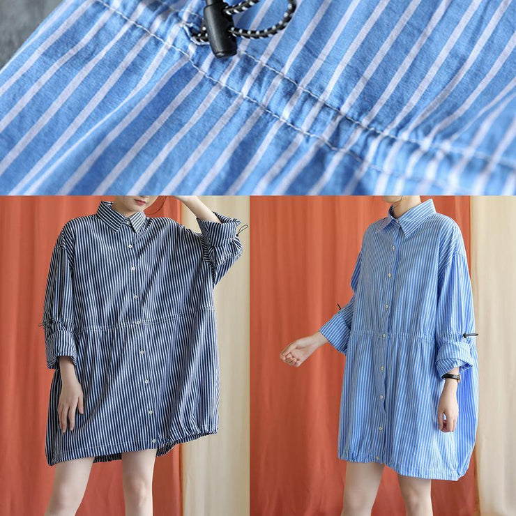 Simple blue Cotton dresses drawstring Knee fall Shirt Dresses - SooLinen