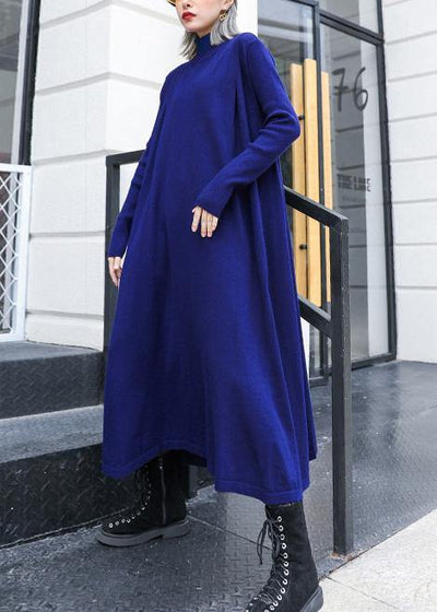 Simple blue Sweater dress outfit Street Style high neck pockets Ugly knit dresses - SooLinen