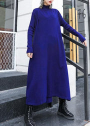 Simple blue Sweater dress outfit Street Style high neck pockets Ugly knit dresses - SooLinen