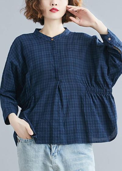 Simple blue cotton crane tops stand collar Batwing Sleeve short shirts - SooLinen