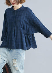 Simple blue cotton crane tops stand collar Batwing Sleeve short shirts - SooLinen