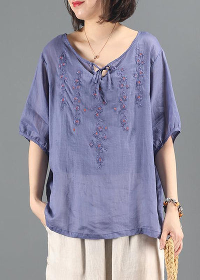 Simple blue embroidery top Sewing o neck short sleeve shirts - SooLinen