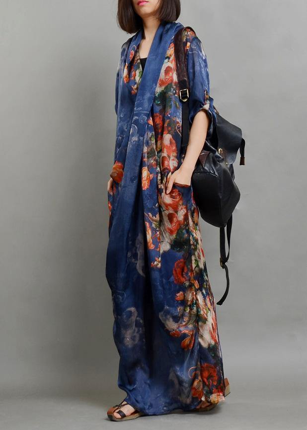 Simple blue print chiffon dress long Fitted Ideas v neck asymmetric linen robes Summer Dresses - SooLinen