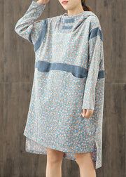 Simple blue print hooded patchwork shift Dresses - SooLinen