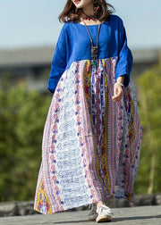 Simple blue print linen Robes patchwork o neck Robe summer Dress - SooLinen