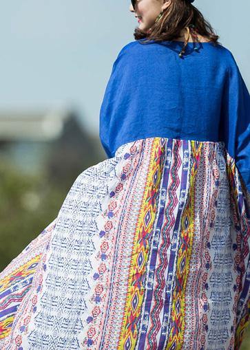 Simple blue print linen Robes patchwork o neck Robe summer Dress - SooLinen