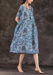 Simple blue print linen clothes o neck pockets loose summer Dress - SooLinen