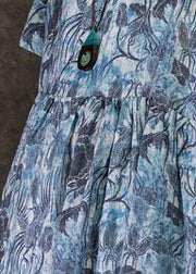 Simple blue print linen clothes o neck pockets loose summer Dress - SooLinen