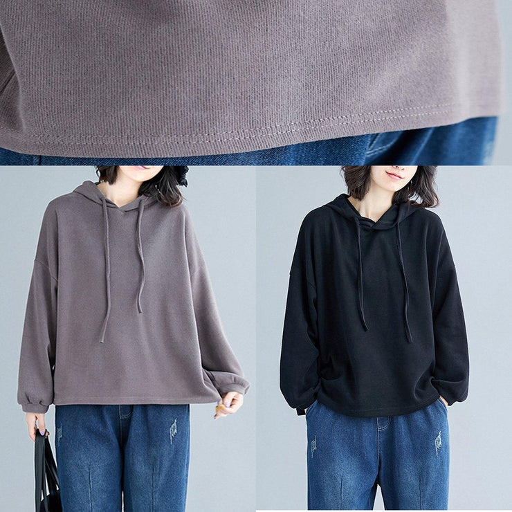 Simple brown cotton tops hooded drawstring Plus Size Clothing fall tops - SooLinen