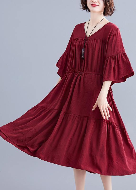 Simple burgundy Cotton clothes v neck drawstring summer Dresses - SooLinen