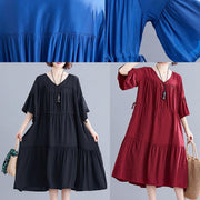 Simple burgundy Cotton clothes v neck drawstring summer Dresses - SooLinen