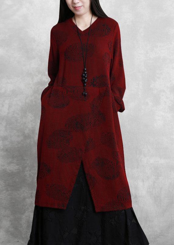 Simple burgundy clothes For Women v neck pockets long Dresses - SooLinen