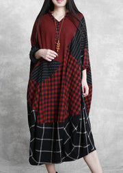 Simple burgundy plaid clothes v neck patchwork Maxi Dress - SooLinen