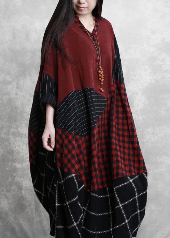 Simple burgundy plaid clothes v neck patchwork Maxi Dress - SooLinen