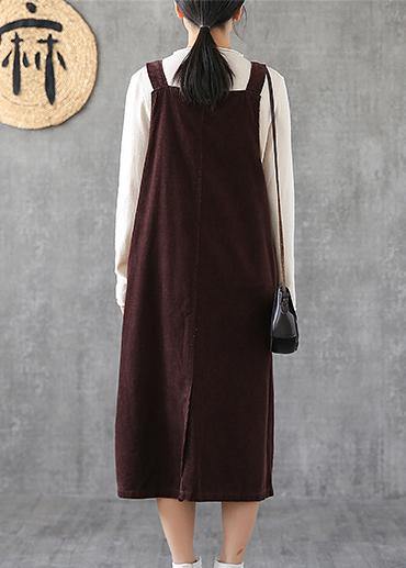 Simple chocolate cotton Tunics Spaghetti Strap pockets Kaftan Dresses - SooLinen