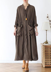 Simple chocolate cotton quilting dresses v neck pockets Traveling spring Dresses - SooLinen