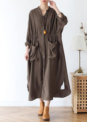 Simple chocolate cotton quilting dresses v neck pockets Traveling spring Dresses - SooLinen