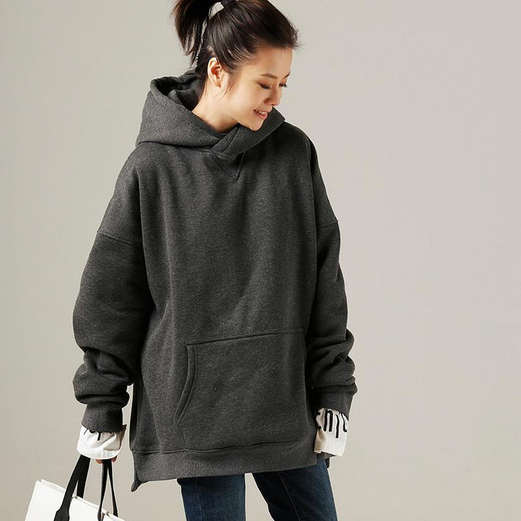 Simple cotton Blouse stylish big pockets Outfits gray silhouette top hooded