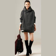 Simple cotton Blouse stylish big pockets Outfits gray silhouette top hooded