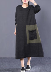Simple cotton clothes Women Organic Loose Round Neck Long Knit Sweater Chocolate and Black Dress