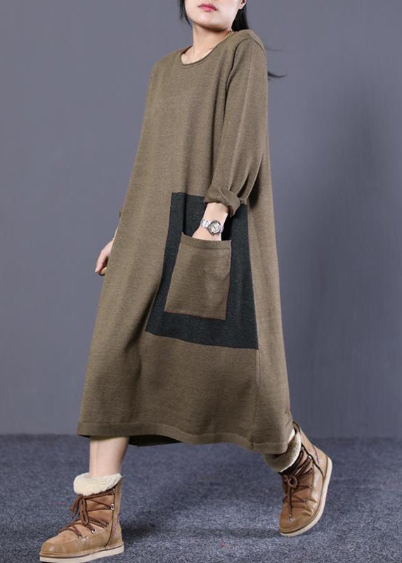 Einfache Baumwollkleidung Frauen Organic Loose Round Neck Long Knit Sweater Kaffee und schwarzes Kleid