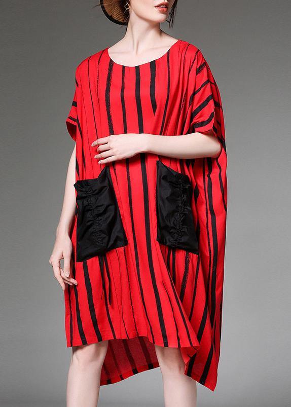 Simple cotton linen clothes For Women Fashion red Striped Print Summer Plus Size Dress - SooLinen