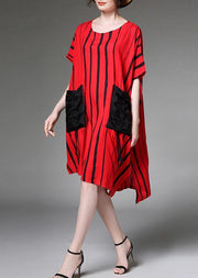 Simple cotton linen clothes For Women Fashion red Striped Print Summer Plus Size Dress - SooLinen