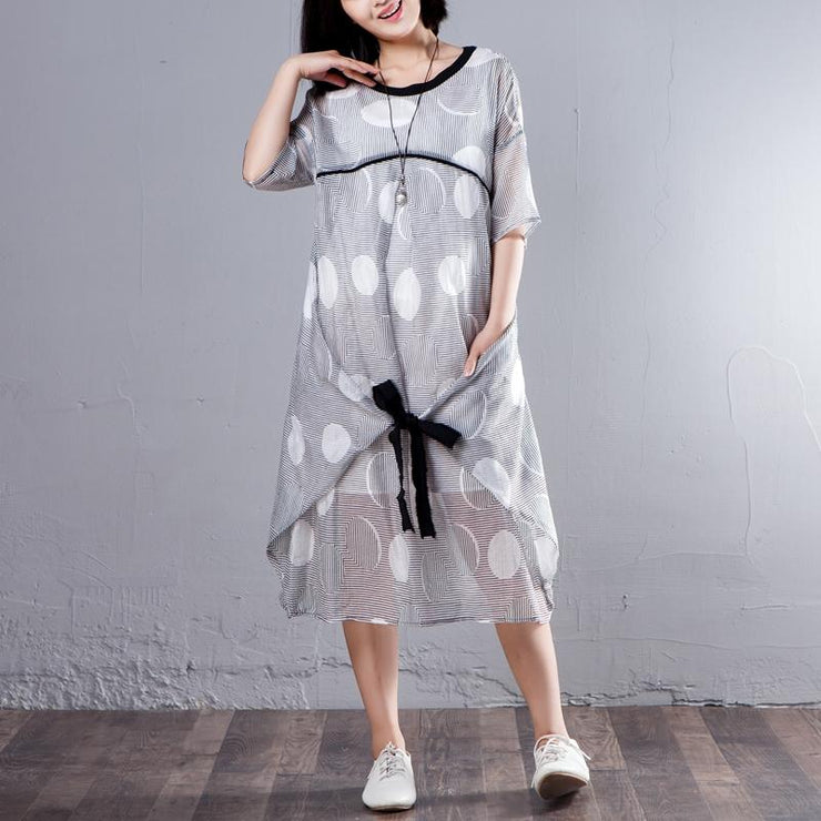 Simple cotton linen tunic dress fine Loose Half Sleeve Stripe Round Neck Casual Dress